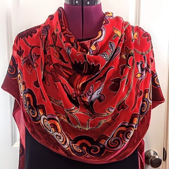 Red Velvet Burnout Oblong Scarf Wrap - Picture 1 of 5